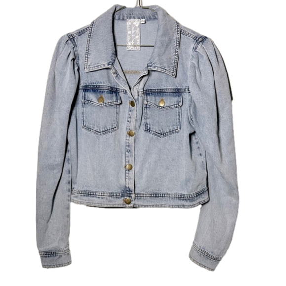 Sadie & Sage puffed sleeve denim cropped jacket - light wash - size medium EUC - Picture 1 of 10